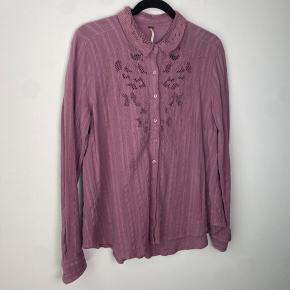 Free People Shirt Carter Dobby Cotton Button Down Purple Size M Bohemian - Picture 3 of 10